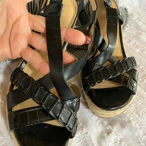 Antonio Milani wedge platforms jute sandals,black leather strap.